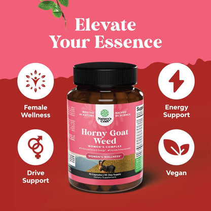 Horny Goat Weed für Frauen – Pflanzliches Hormon-Gleichgewicht, Stimmungsunterstützung & allgemeines Wohlbefinden – mit Maca-Wurzel & Tribulus Terrestris – 90 Kapseln