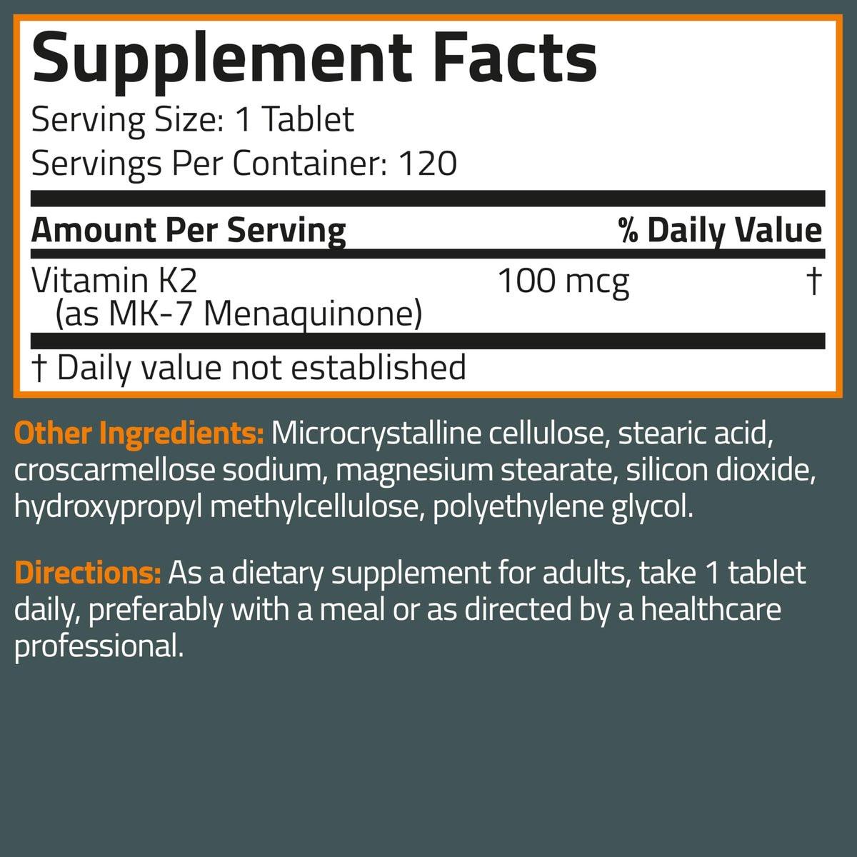 Bronson Vitamin K2 MK-7 100 MCG – Knochenunterstützung, MK7 Menaquinon, Non-GMO, 120 Tabletten