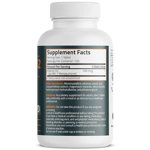 Bronson Vitamin K2 MK-7 100 MCG – Knochenunterstützung, MK7 Menaquinon, Non-GMO, 120 Tabletten