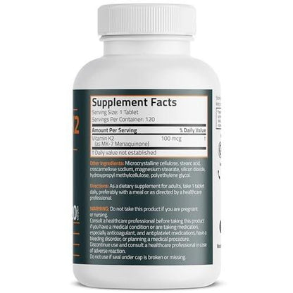 Bronson Vitamin K2 MK-7 100 MCG – Knochenunterstützung, MK7 Menaquinon, Non-GMO, 120 Tabletten