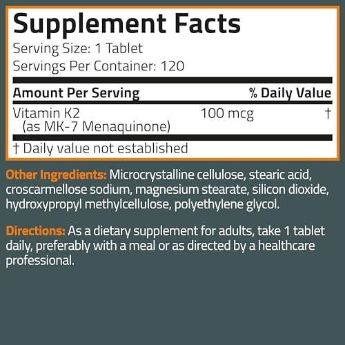 Bronson Vitamin K2 MK-7 100 MCG – Knochenunterstützung, MK7 Menaquinon, Non-GMO, 120 Tabletten
