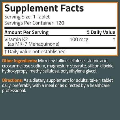 Bronson Vitamin K2 MK-7 100 MCG – Knochenunterstützung, MK7 Menaquinon, Non-GMO, 120 Tabletten