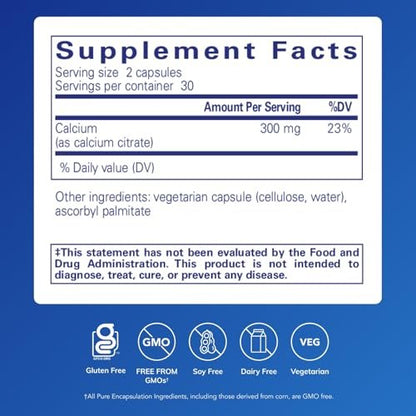 Pure Encapsulations Calcium (Citrat) – Hochwertiges Calciumcitrat für Knochen, Zähne, Darm und Herz-Kreislauf-Unterstützung* – 60 Kapseln