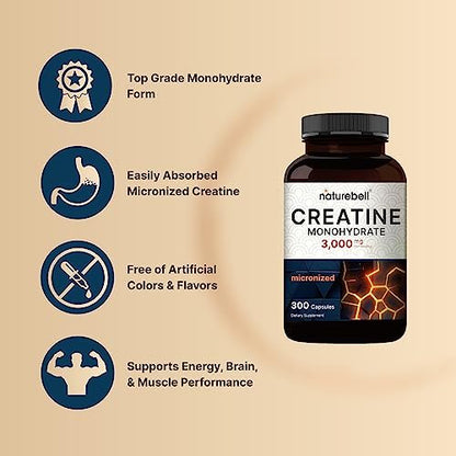NatureBell Creatin-Monohydrat Kapseln 3.000 mg pro Portion, 300 Stück | Mikronisiertes, ungewürztes Creatin | Pre-Workout & Muskelkraft Unterstützung | Leicht zu schlucken, ohne Füllstoffe | 50 Portionen