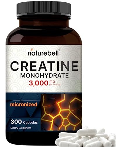 NatureBell Creatin-Monohydrat Kapseln 3.000 mg pro Portion, 300 Stück | Mikronisiertes, ungewürztes Creatin | Pre-Workout & Muskelkraft Unterstützung | Leicht zu schlucken, ohne Füllstoffe | 50 Portionen