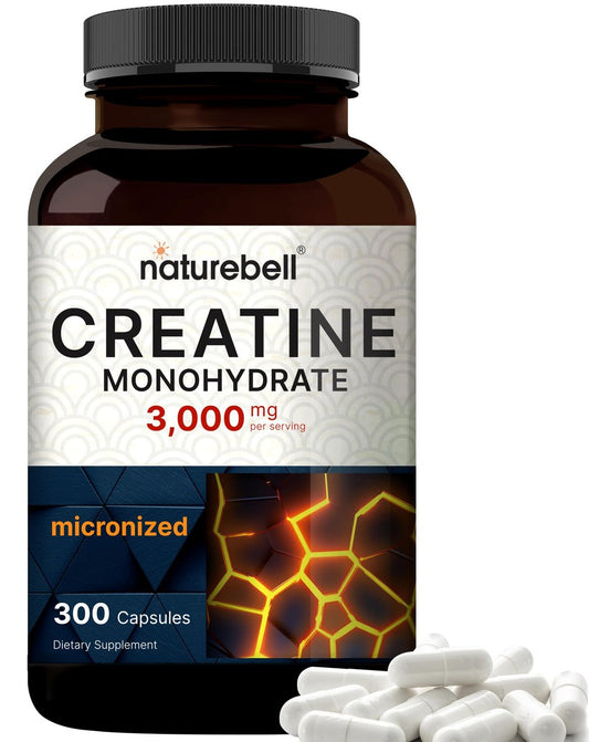 NatureBell Creatin-Monohydrat Kapseln 3.000 mg pro Portion, 300 Stück | Mikronisiertes, ungewürztes Creatin | Pre-Workout & Muskelkraft Unterstützung | Leicht zu schlucken, ohne Füllstoffe | 50 Portionen