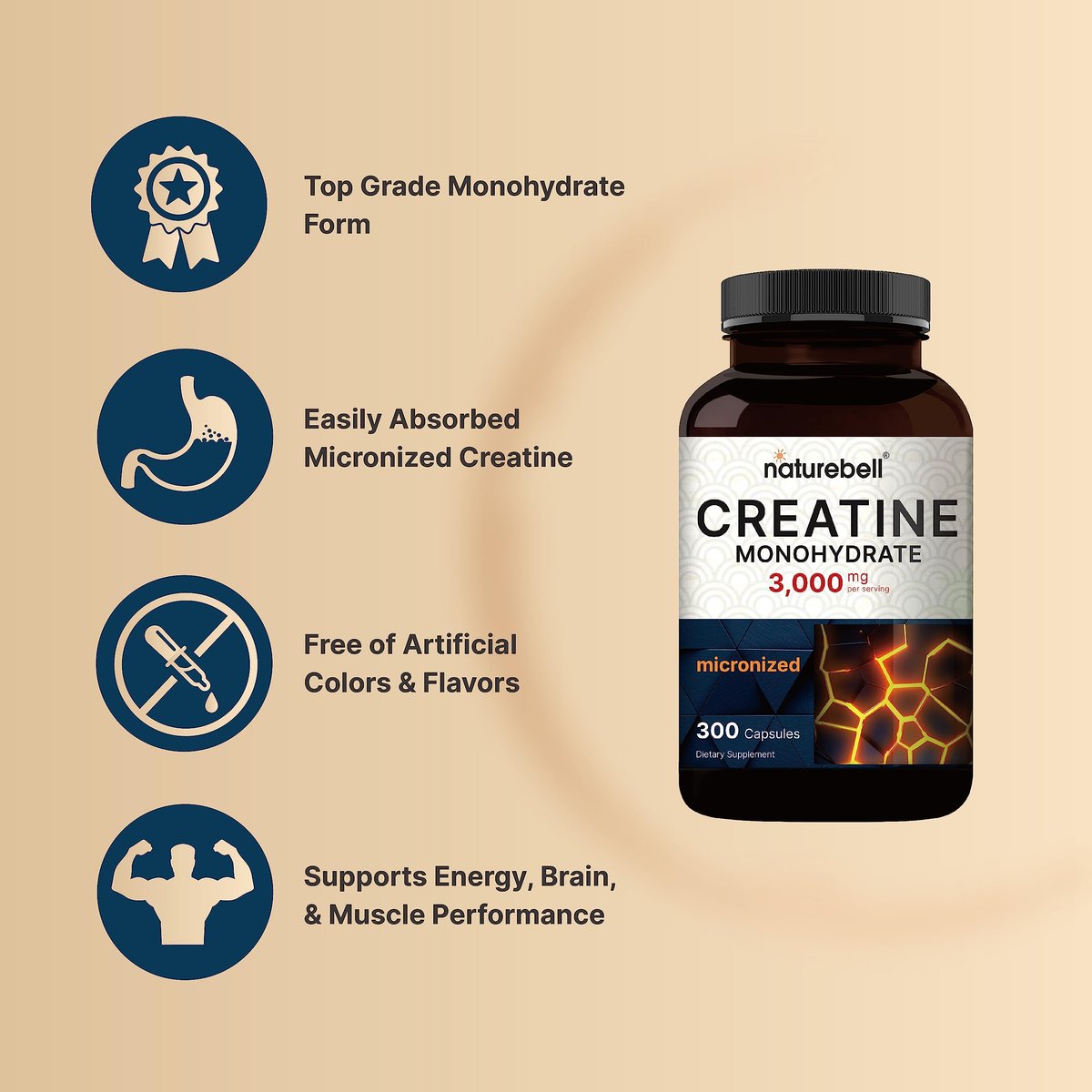 NatureBell Creatin-Monohydrat Kapseln 3.000 mg pro Portion, 300 Stück | Mikronisiertes, ungewürztes Creatin | Pre-Workout & Muskelkraft Unterstützung | Leicht zu schlucken, ohne Füllstoffe | 50 Portionen