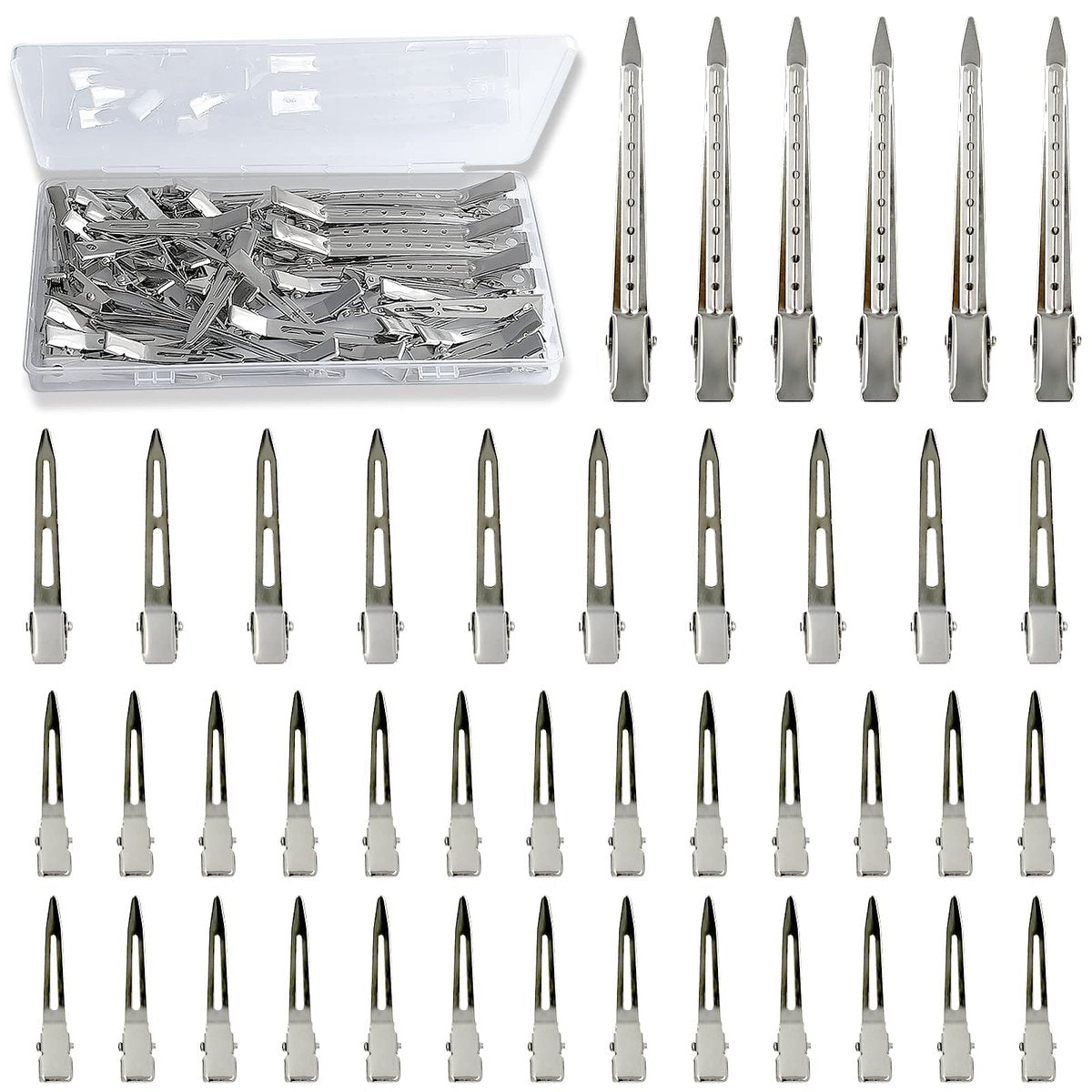 TseroFay 42-teiliges Haarstyling-Clip-Set: Silberne Metall-Entenschnabelclips für Damen, Lange Entenschnabelnadeln, Alligator-Rollen mit Aufbewahrungsbox