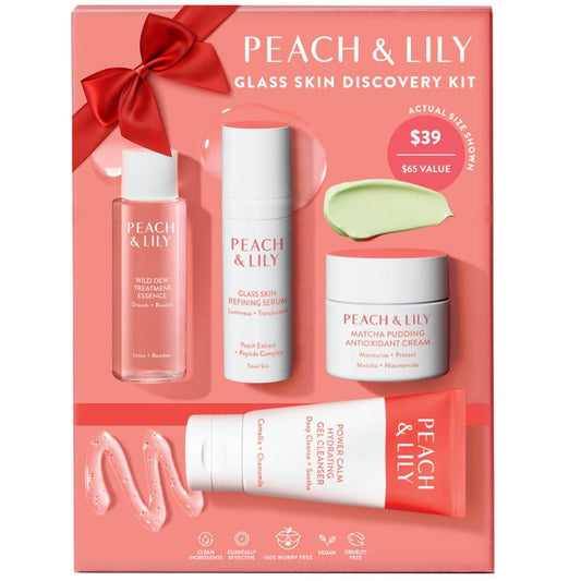 Peach & Lily Glass Skin Discovery Kit – 4-teiliges Hautpflegeset für strahlende Haut (Reiniger, Essenz, Serum & Creme) – Vegan & tierversuchsfrei – Koreanische Beauty