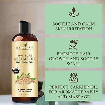 Handcraft Blends Bio Sesamöl – 8 Fl Oz – 100 % rein und natürlich – Premium Trägeröl für Haut und Haar – Kaltgepresst und hexanfrei