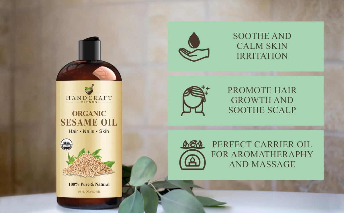 Handcraft Blends Bio Sesamöl – 16 Fl Oz – 100 % rein und natürlich – Premium Trägeröl für Haut und Haar – Kaltgepresst und hexanfrei