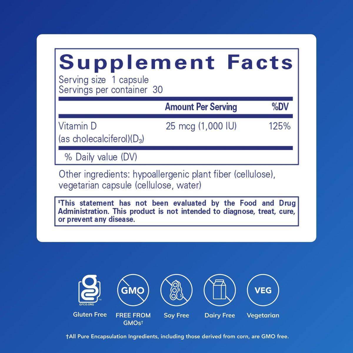 Pure Encapsulations Vitamin D3 25 µg (1.000 IE) – Nahrungsergänzungsmittel für Knochen-, Gelenk-, Brust-, Herz-, Darm- und Immununterstützung* – mit Premium Vitamin D – 30 Kapseln