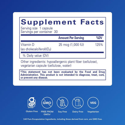 Pure Encapsulations Vitamin D3 25 µg (1.000 IE) – Nahrungsergänzungsmittel für Knochen-, Gelenk-, Brust-, Herz-, Darm- und Immununterstützung* – mit Premium Vitamin D – 30 Kapseln