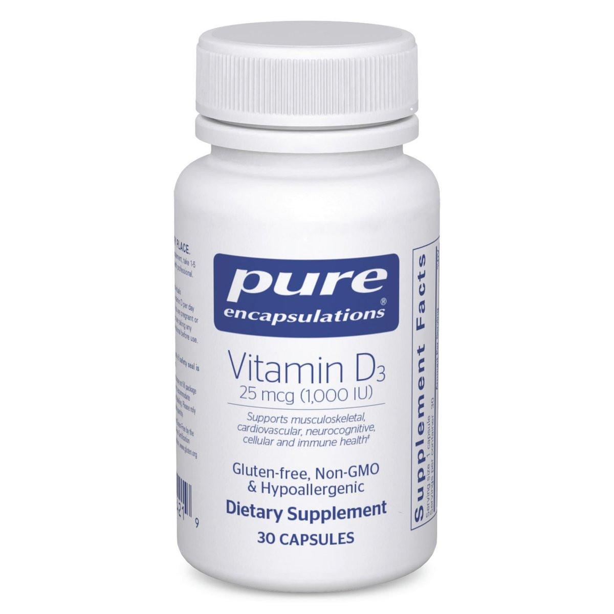Pure Encapsulations Vitamin D3 25 µg (1.000 IE) – Nahrungsergänzungsmittel für Knochen-, Gelenk-, Brust-, Herz-, Darm- und Immununterstützung* – mit Premium Vitamin D – 30 Kapseln