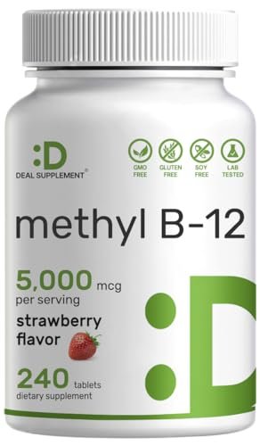 DEAL SUPPLEMENT Methyl B-12 Vitamine 5000 mcg, 240 Kautabletten | Aktive Form - Erdbeergeschmack - Energieunterstützung & Gehirnfunktion - Vegetarisch & GMO-frei
