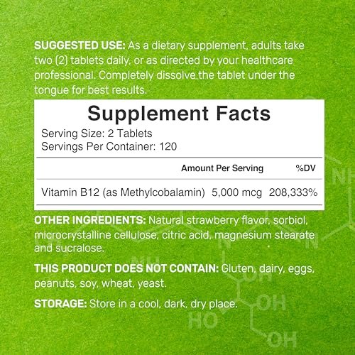 DEAL SUPPLEMENT Methyl B-12 Vitamine 5000 mcg, 240 Kautabletten | Aktive Form - Erdbeergeschmack - Energieunterstützung & Gehirnfunktion - Vegetarisch & GMO-frei