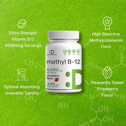 DEAL SUPPLEMENT Methyl B-12 Vitamine 5000 mcg, 240 Kautabletten | Aktive Form - Erdbeergeschmack - Energieunterstützung & Gehirnfunktion - Vegetarisch & GMO-frei