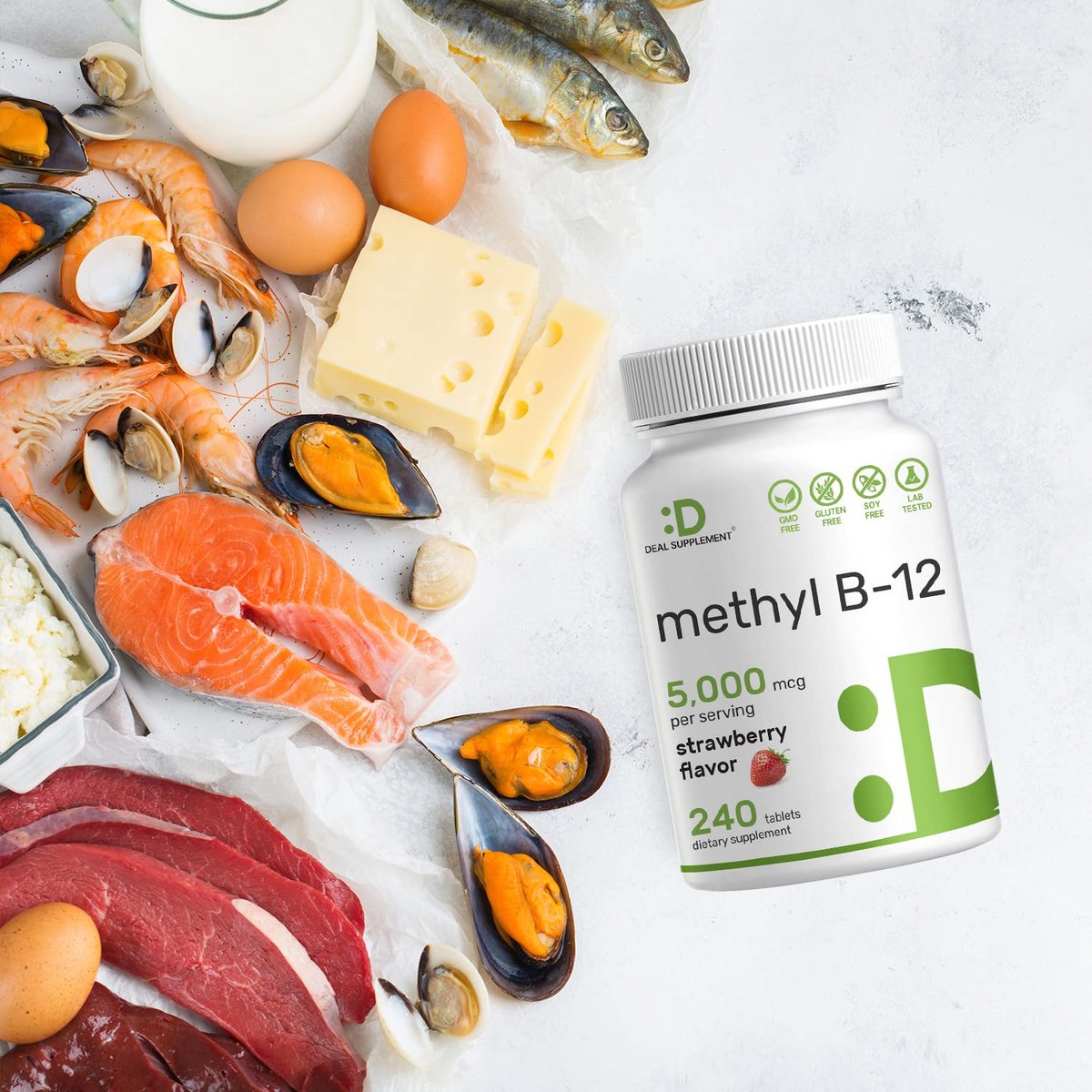 DEAL SUPPLEMENT Methyl B-12 Vitamine 5000 mcg, 240 Kautabletten | Aktive Form - Erdbeergeschmack - Energieunterstützung & Gehirnfunktion - Vegetarisch & GMO-frei