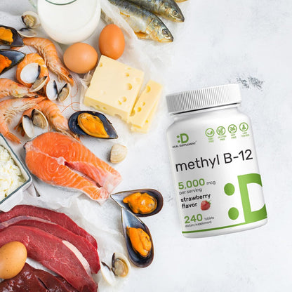 DEAL SUPPLEMENT Methyl B-12 Vitamine 5000 mcg, 240 Kautabletten | Aktive Form - Erdbeergeschmack - Energieunterstützung & Gehirnfunktion - Vegetarisch & GMO-frei