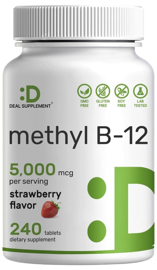 DEAL SUPPLEMENT Methyl B-12 Vitamine 5000 mcg, 240 Kautabletten | Aktive Form - Erdbeergeschmack - Energieunterstützung & Gehirnfunktion - Vegetarisch & GMO-frei