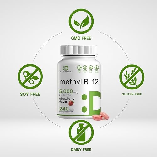 DEAL SUPPLEMENT Methyl B-12 Vitamine 5000 mcg, 240 Kautabletten | Aktive Form - Erdbeergeschmack - Energieunterstützung & Gehirnfunktion - Vegetarisch & GMO-frei