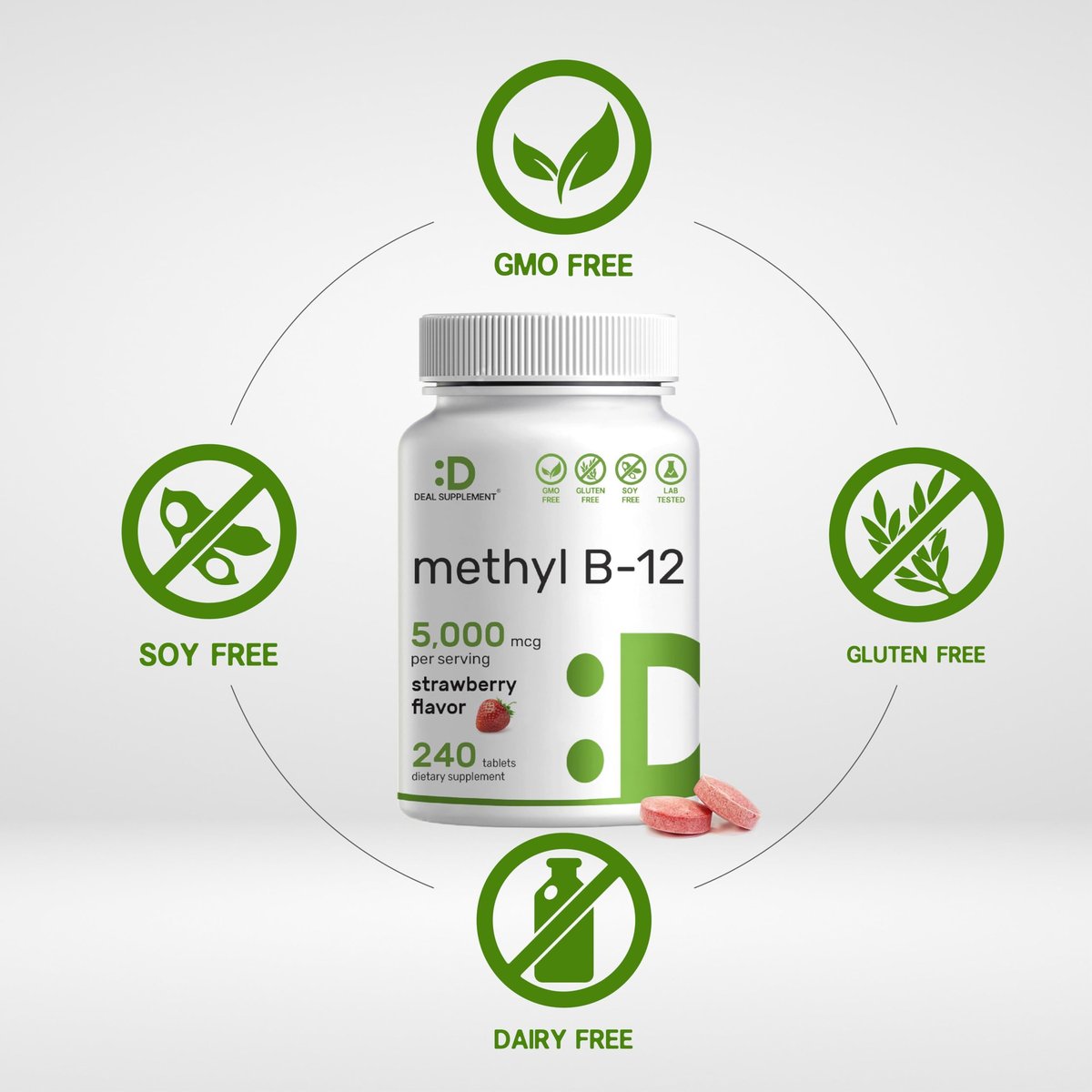 DEAL SUPPLEMENT Methyl B-12 Vitamine 5000 mcg, 240 Kautabletten | Aktive Form - Erdbeergeschmack - Energieunterstützung & Gehirnfunktion - Vegetarisch & GMO-frei