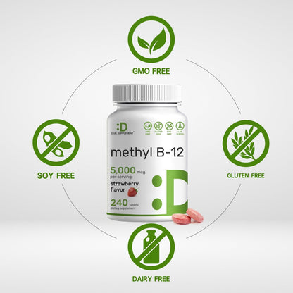 DEAL SUPPLEMENT Methyl B-12 Vitamine 5000 mcg, 240 Kautabletten | Aktive Form - Erdbeergeschmack - Energieunterstützung & Gehirnfunktion - Vegetarisch & GMO-frei