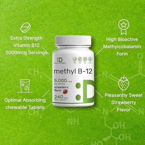 DEAL SUPPLEMENT Methyl B-12 Vitamine 5000 mcg, 240 Kautabletten | Aktive Form - Erdbeergeschmack - Energieunterstützung & Gehirnfunktion - Vegetarisch & GMO-frei
