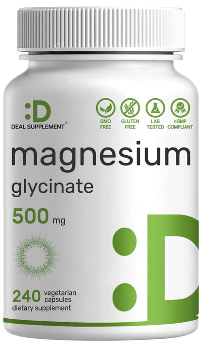 DEAL SUPPLEMENT Magnesium Glycinat 500mg, 240 vegane Kapseln | 100% cheliert für leichte Aufnahme | Essentielles Mineralstoffpräparat | Non-GMO, glutenfrei