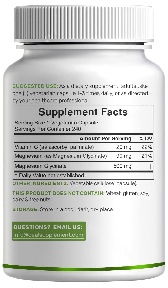 DEAL SUPPLEMENT Magnesium Glycinat 500mg, 240 vegane Kapseln | 100% cheliert für leichte Aufnahme | Essentielles Mineralstoffpräparat | Non-GMO, glutenfrei