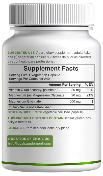 DEAL SUPPLEMENT Magnesium Glycinat 500mg, 240 vegane Kapseln | 100% cheliert für leichte Aufnahme | Essentielles Mineralstoffpräparat | Non-GMO, glutenfrei
