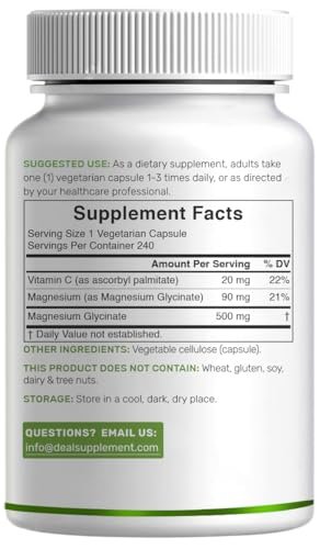 DEAL SUPPLEMENT Magnesium Glycinat 500mg, 240 vegane Kapseln | 100% cheliert für leichte Aufnahme | Essentielles Mineralstoffpräparat | Non-GMO, glutenfrei