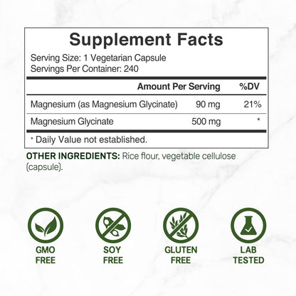 DEAL SUPPLEMENT Magnesium Glycinat 500mg, 240 vegane Kapseln | 100% cheliert für leichte Aufnahme | Essentielles Mineralstoffpräparat | Non-GMO, glutenfrei