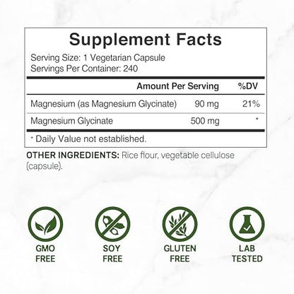 DEAL SUPPLEMENT Magnesium Glycinat 500mg, 240 vegane Kapseln | 100% cheliert für leichte Aufnahme | Essentielles Mineralstoffpräparat | Non-GMO, glutenfrei