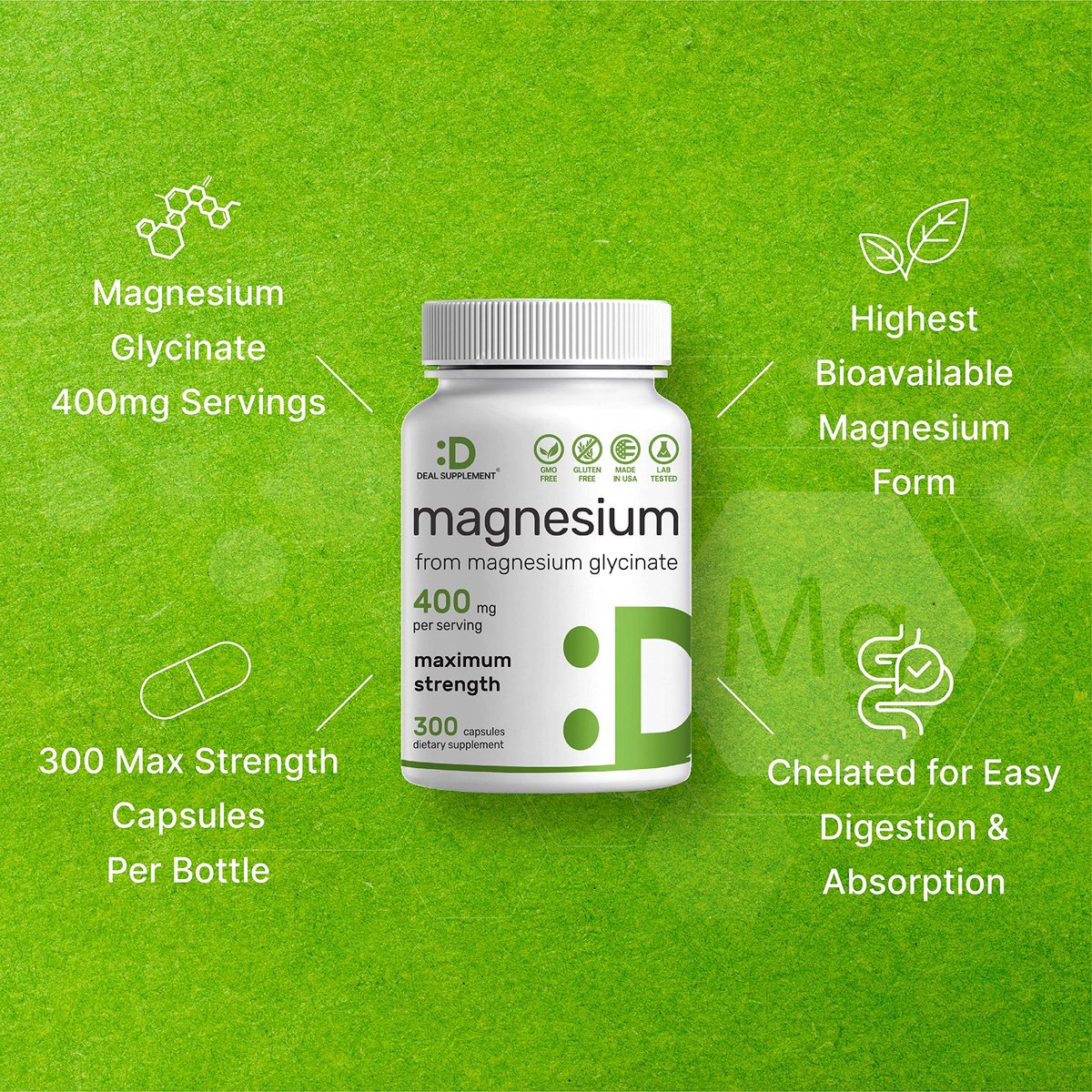 Magnesiumglycinat 400mg, 300 Kapseln | 100% cheliert für leichte Aufnahme | Essenzielles Mineral für Muskeln, Schlaf & Herzgesundheit*