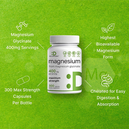 Magnesiumglycinat 400mg, 300 Kapseln | 100% cheliert für leichte Aufnahme | Essenzielles Mineral für Muskeln, Schlaf & Herzgesundheit*