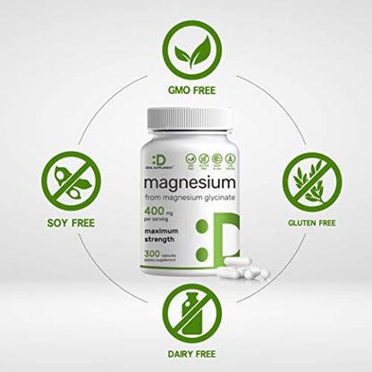 Magnesiumglycinat 400mg, 300 Kapseln | 100% cheliert für leichte Aufnahme | Essenzielles Mineral für Muskeln, Schlaf & Herzgesundheit*