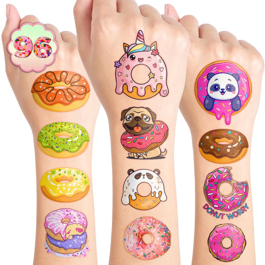 96 Stück Donut-Vorübergehende Tattoos für Kinder - Süße Geburtstagsparty-Dekorationen, Aufkleber für Mädchen & Jungen, lustige Party-Geschenke, Klassenzimmer-Preise, Weihnachtsgeschenke, Mottoparty-Zubehör