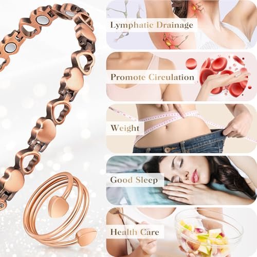 Magnetisches Kupferarmband für Frauen – Lymphdetox-Armband mit 3500 Gauss Magneten & Lymphdrainage-Ring inkl. Einstellwerkzeug – 100% massives Kupfer