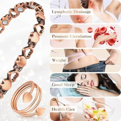 Magnetisches Kupferarmband für Frauen – Lymphdetox-Armband mit 3500 Gauss Magneten & Lymphdrainage-Ring inkl. Einstellwerkzeug – 100% massives Kupfer