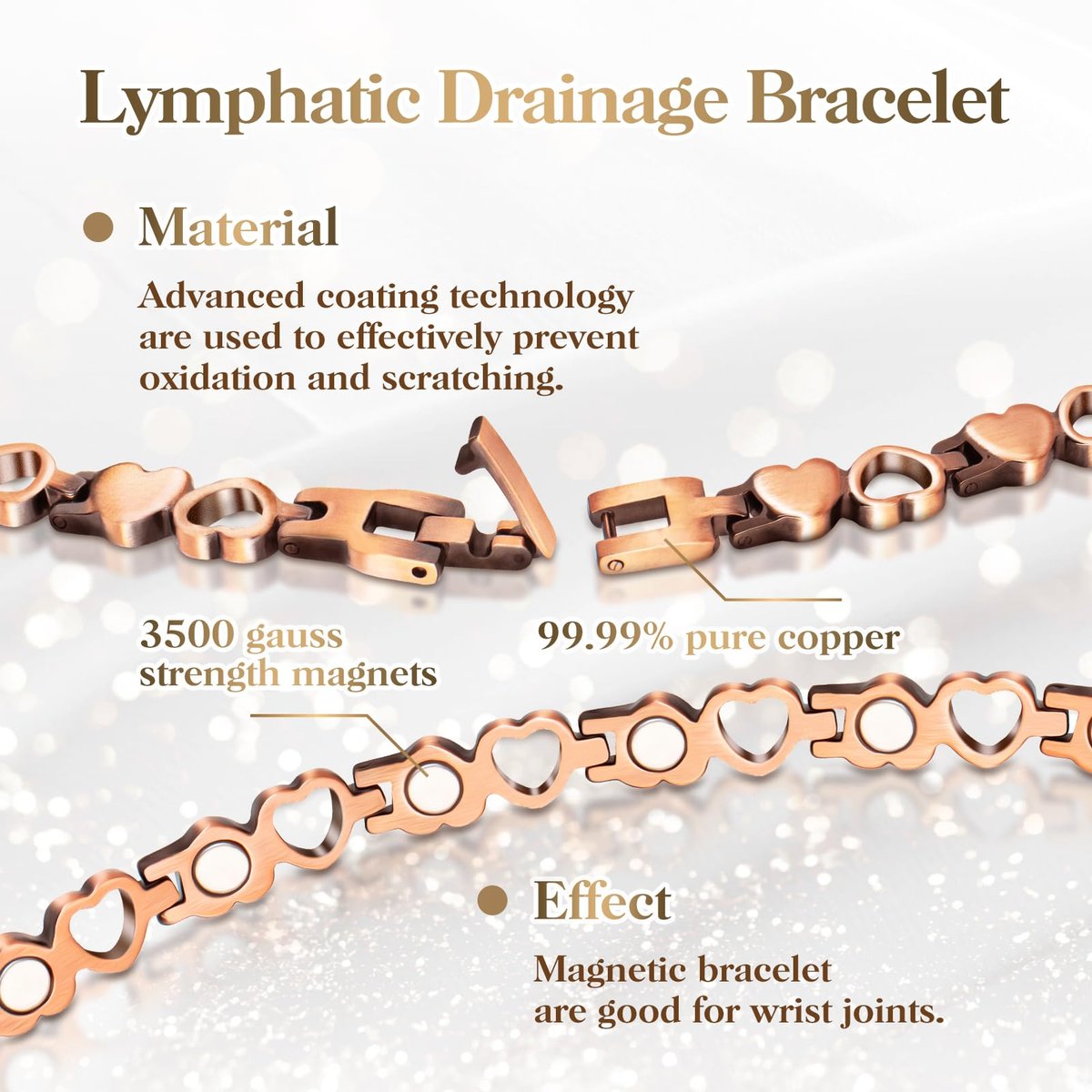 Magnetisches Kupferarmband für Frauen – Lymphdetox-Armband mit 3500 Gauss Magneten & Lymphdrainage-Ring inkl. Einstellwerkzeug – 100% massives Kupfer