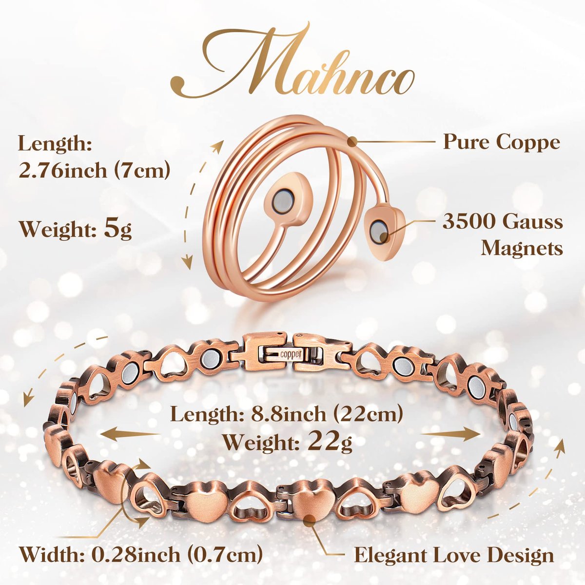 Magnetisches Kupferarmband für Frauen – Lymphdetox-Armband mit 3500 Gauss Magneten & Lymphdrainage-Ring inkl. Einstellwerkzeug – 100% massives Kupfer