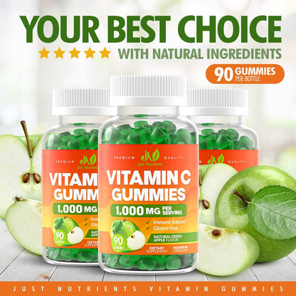 Vitamin C 1000mg Gummis (90 Stück) - Höchste Dosierung, Immununterstützung & Kollagen-Boost für Erwachsene & Kinder - Natürlicher Grünapfel-Geschmack - Glutenfrei, Nicht-GVO, Vegetarisch - 90 Gummis