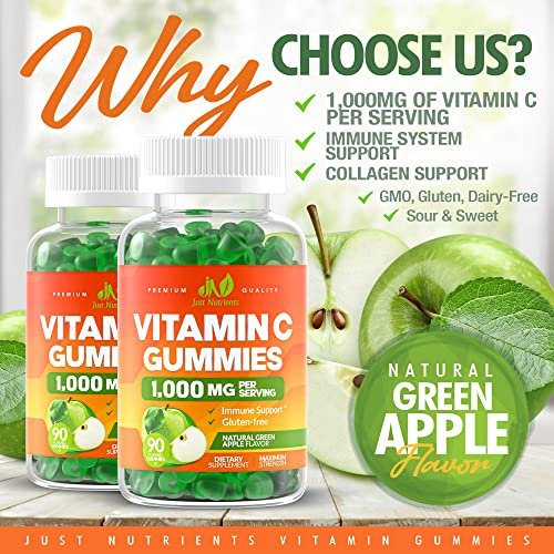 Vitamin C 1000mg Gummis (90 Stück) - Höchste Dosierung, Immununterstützung & Kollagen-Boost für Erwachsene & Kinder - Natürlicher Grünapfel-Geschmack - Glutenfrei, Nicht-GVO, Vegetarisch - 90 Gummis