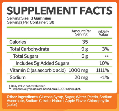 Vitamin C 1000mg Gummis (90 Stück) - Höchste Dosierung, Immununterstützung & Kollagen-Boost für Erwachsene & Kinder - Natürlicher Grünapfel-Geschmack - Glutenfrei, Nicht-GVO, Vegetarisch - 90 Gummis