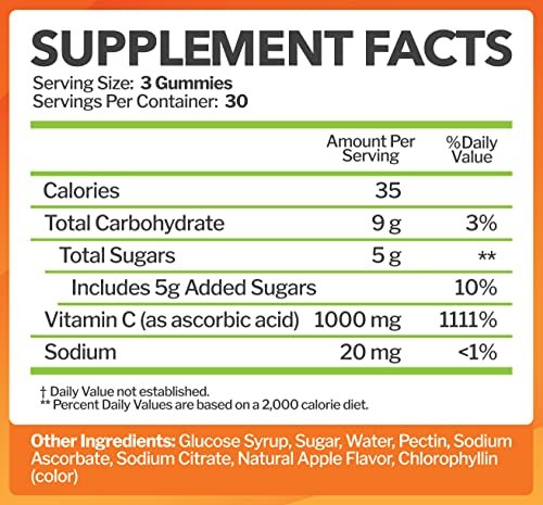 Vitamin C 1000mg Gummis (90 Stück) - Höchste Dosierung, Immununterstützung & Kollagen-Boost für Erwachsene & Kinder - Natürlicher Grünapfel-Geschmack - Glutenfrei, Nicht-GVO, Vegetarisch - 90 Gummis