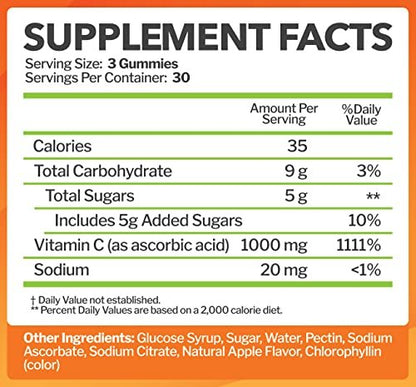 Vitamin C 1000mg Gummis (90 Stück) - Höchste Dosierung, Immununterstützung & Kollagen-Boost für Erwachsene & Kinder - Natürlicher Grünapfel-Geschmack - Glutenfrei, Nicht-GVO, Vegetarisch - 90 Gummis