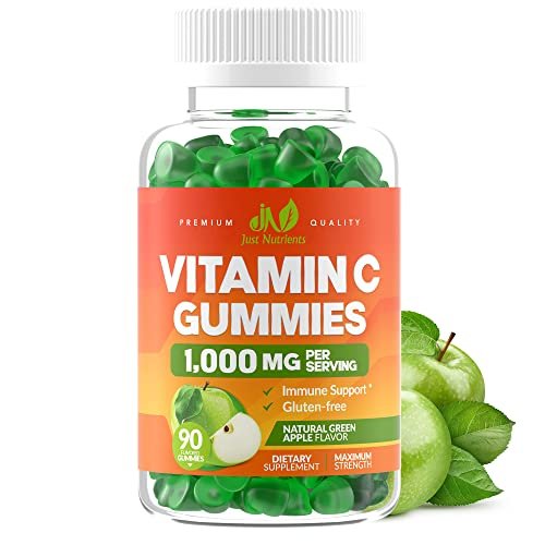Vitamin C 1000mg Gummis (90 Stück) - Höchste Dosierung, Immununterstützung & Kollagen-Boost für Erwachsene & Kinder - Natürlicher Grünapfel-Geschmack - Glutenfrei, Nicht-GVO, Vegetarisch - 90 Gummis