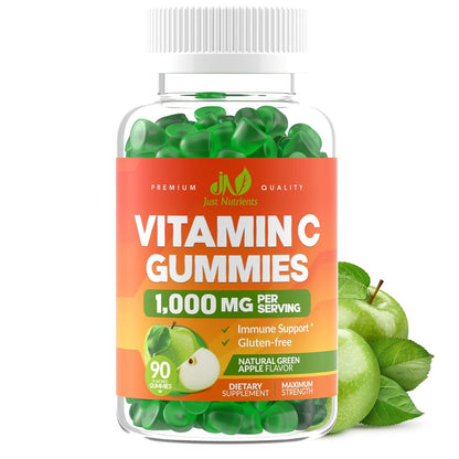Vitamin C 1000mg Gummis (90 Stück) - Höchste Dosierung, Immununterstützung & Kollagen-Boost für Erwachsene & Kinder - Natürlicher Grünapfel-Geschmack - Glutenfrei, Nicht-GVO, Vegetarisch - 90 Gummis