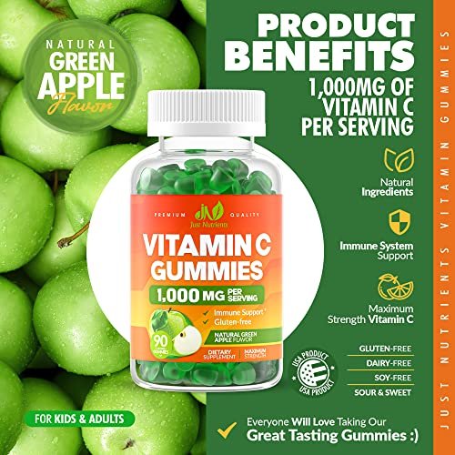 Vitamin C 1000mg Gummis (90 Stück) - Höchste Dosierung, Immununterstützung & Kollagen-Boost für Erwachsene & Kinder - Natürlicher Grünapfel-Geschmack - Glutenfrei, Nicht-GVO, Vegetarisch - 90 Gummis